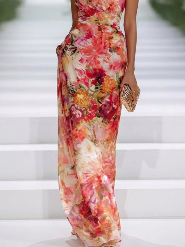 Fiorella - Abito Maxi Floreale in Chiffon con Collo Halter