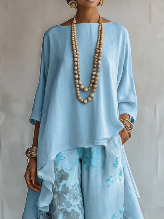 Clara - Outfit Top Asimmetrico Blu e Pantalone Ampio