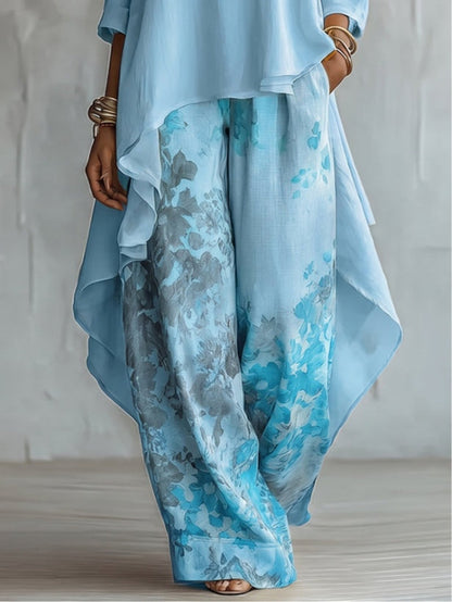 Clara - Outfit Top Asimmetrico Blu e Pantalone Ampio