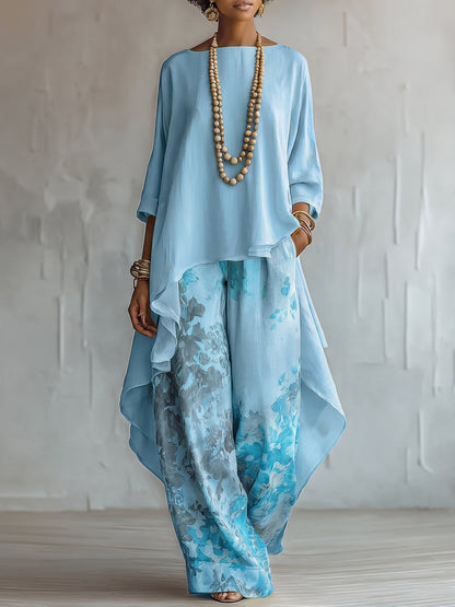 Clara - Outfit Top Asimmetrico Blu e Pantalone Ampio