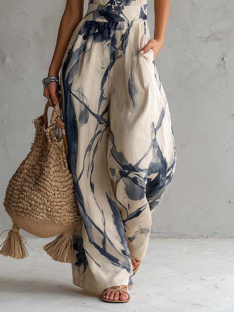 Daniela - Tute Elegante a Gamba Larga con Stampa Artistica