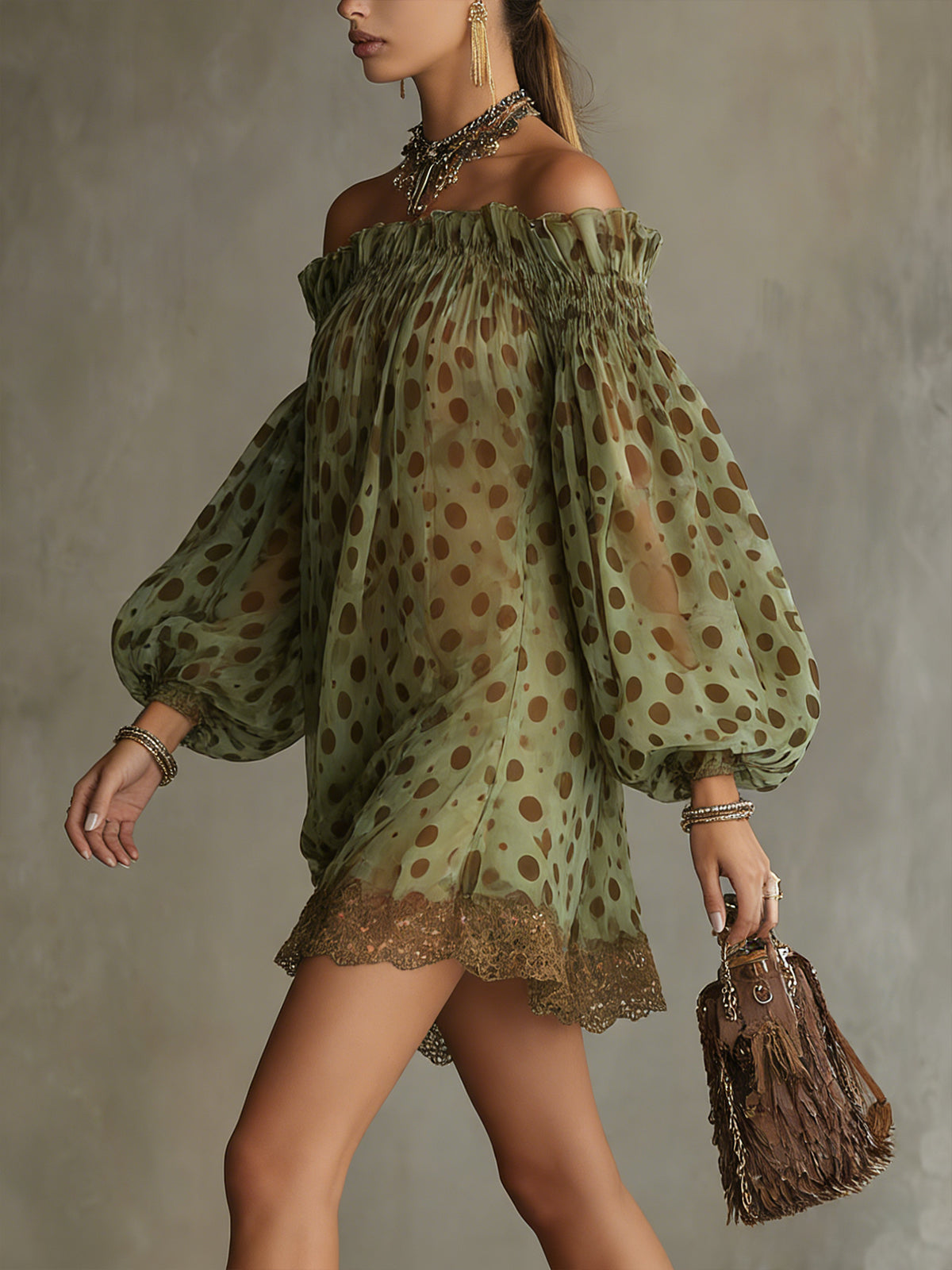 Zephyrelle - Abito Mini Spalle Scoperte con Pois e Pizzo