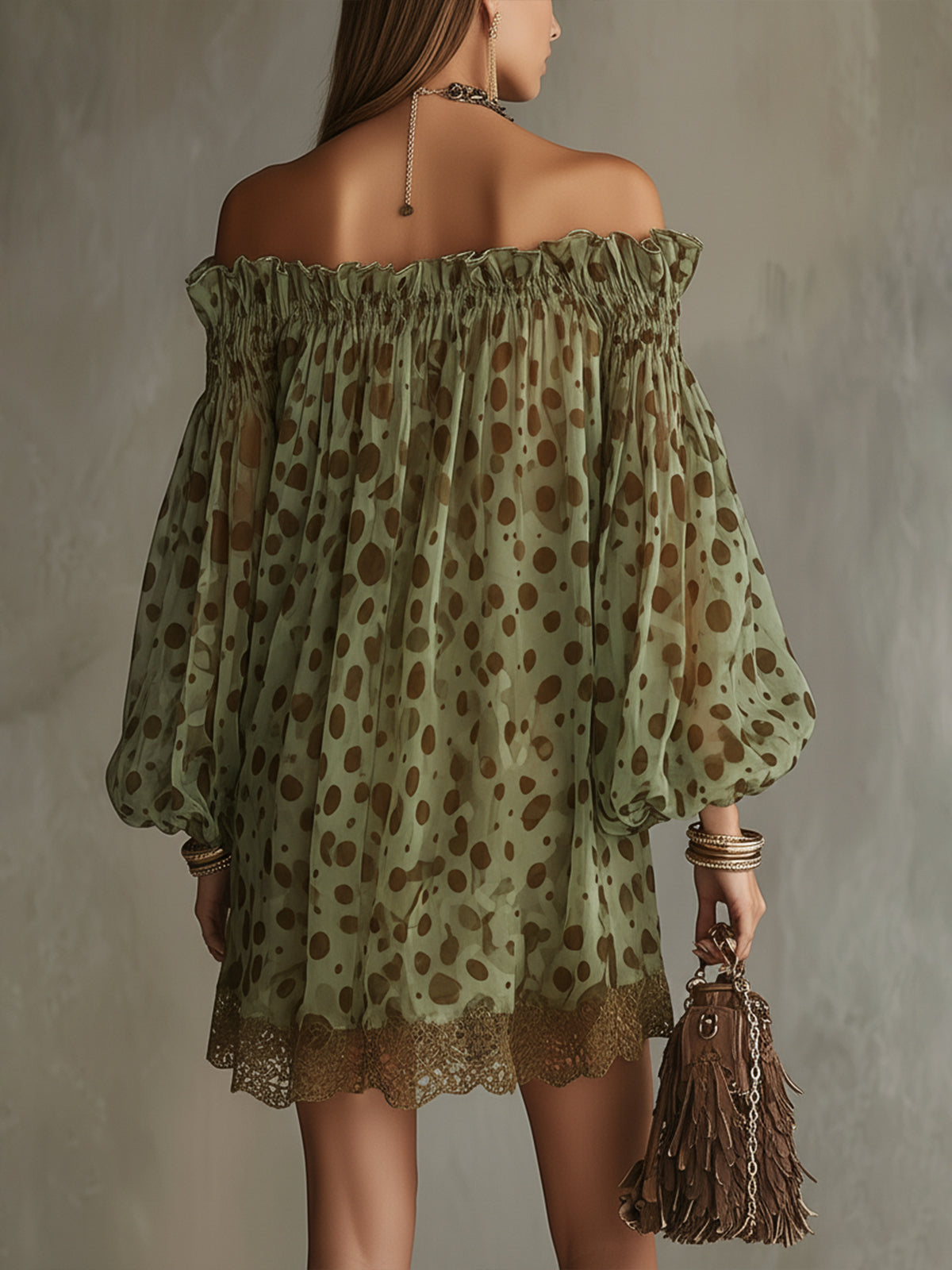 Zephyrelle - Abito Mini Spalle Scoperte con Pois e Pizzo