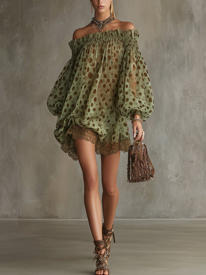 Zephyrelle - Abito Mini Spalle Scoperte con Pois e Pizzo