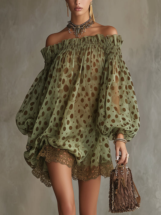 Zephyrelle - Abito Mini Spalle Scoperte con Pois e Pizzo
