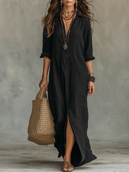 Solène - Abito Maxi Nero Fluido con Bottoni