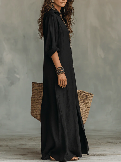 Solène - Abito Maxi Nero Fluido con Bottoni