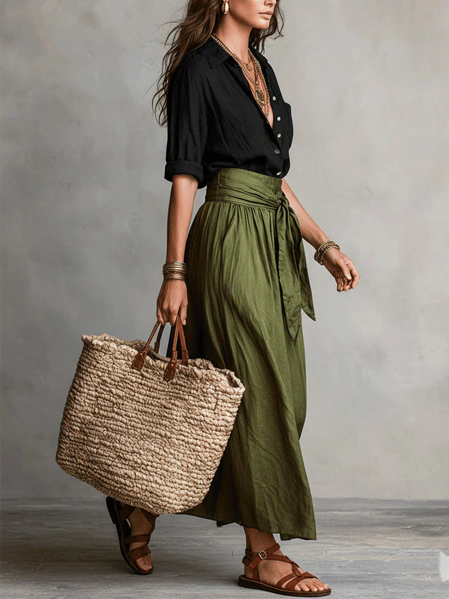 Elarisse - Outfit Due Pezzi Camicia Nera e Gonna Midi Verde Oliva