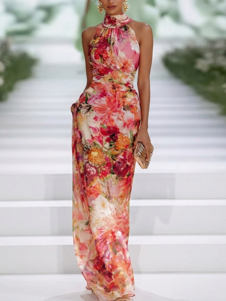 Fiorella - Abito Maxi Floreale in Chiffon con Collo Halter