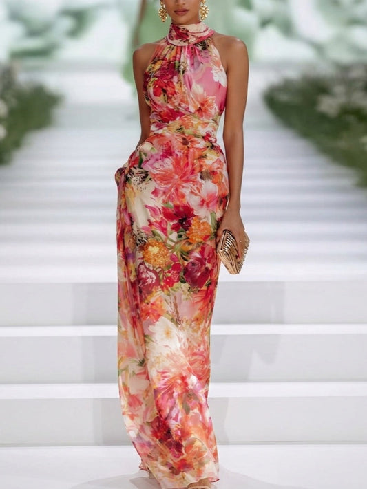 Fiorella - Abito Maxi Floreale in Chiffon con Collo Halter