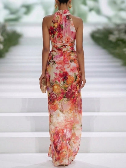Fiorella - Abito Maxi Floreale in Chiffon con Collo Halter