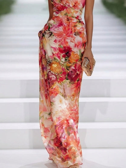 Fiorella - Abito Maxi Floreale in Chiffon con Collo Halter