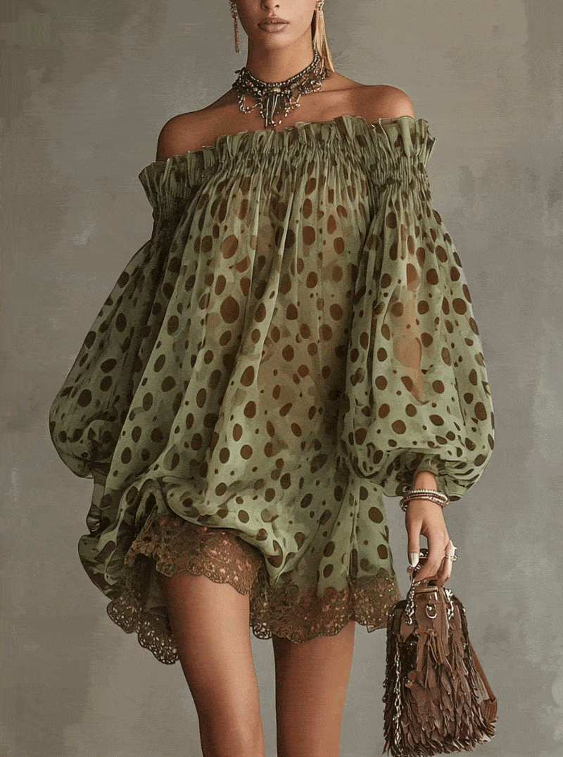 Zephyrelle - Abito Mini Spalle Scoperte con Pois e Pizzo
