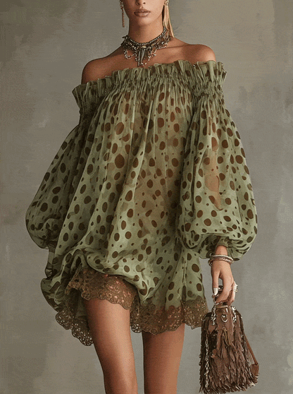 Zephyrelle - Abito Mini Spalle Scoperte con Pois e Pizzo
