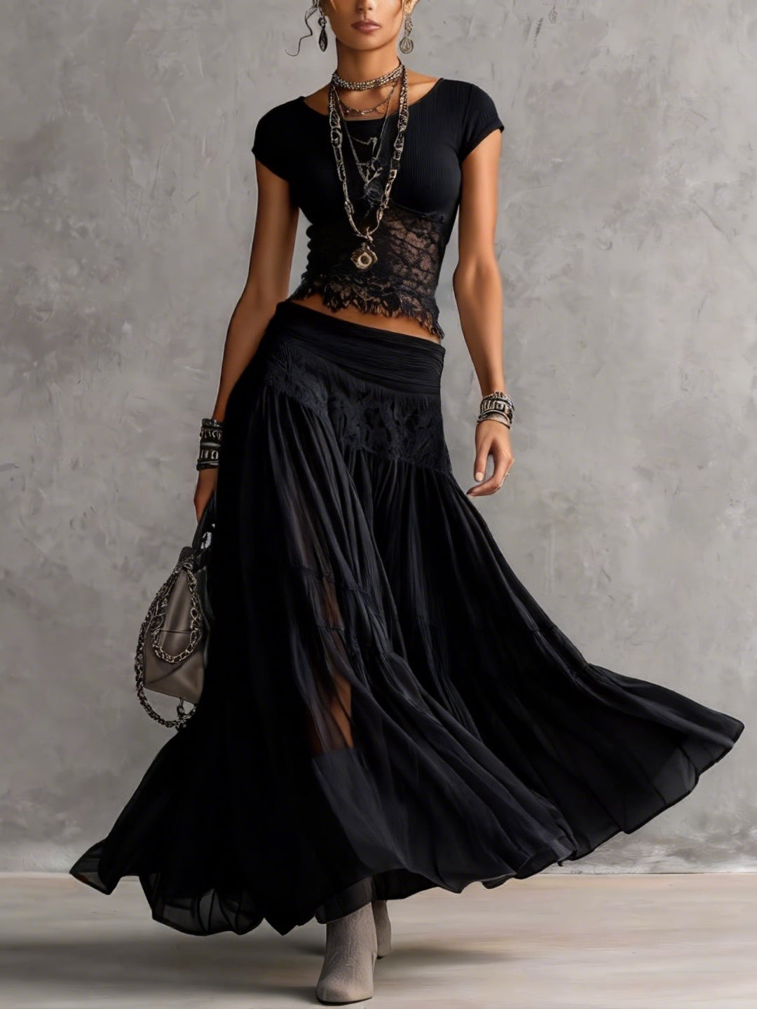 Adriana - Outfit Elegante con Pizzo e Gonna Plissettata